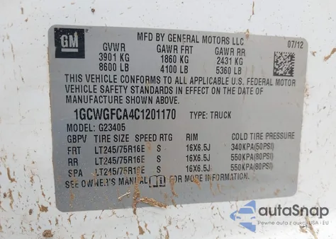 2012 Chevrolet Express G2500 from USA, damaged, VIN 1GCWGFCA4C1201170